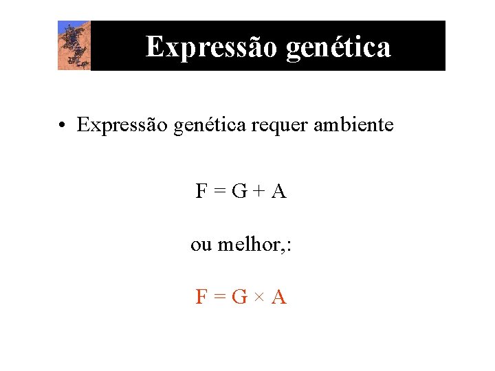 Expressão genética • Expressão genética requer ambiente F=G+A ou melhor, : F=G×A 