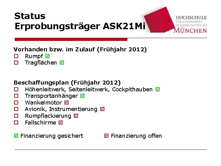 Status Erprobungsträger ASK 21 Mi Vorhanden bzw. im Zulauf (Frühjahr 2012) o Rumpf o
