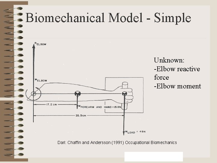 Biomechanical Model - Simple Unknown: -Elbow reactive force -Elbow moment Dari: Chaffin and Andersson