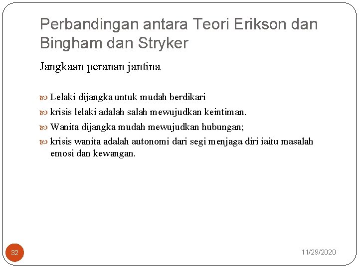 Perbandingan antara Teori Erikson dan Bingham dan Stryker Jangkaan peranan jantina Lelaki dijangka untuk