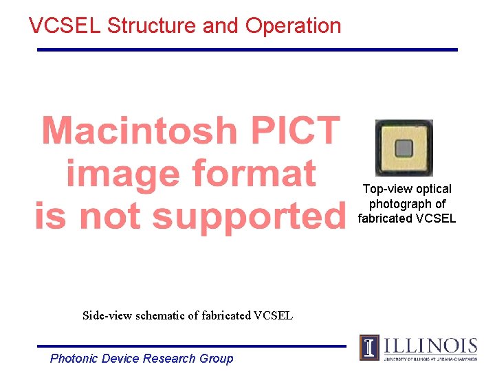 VCSEL Structure and Operation Top-view optical photograph of fabricated VCSEL Side-view schematic of fabricated