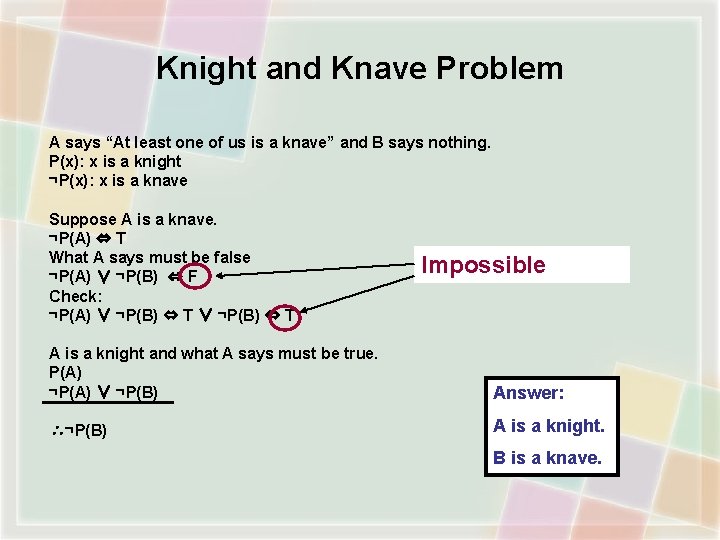 Knight and Knave Problem A says “At least one of us is a knave”