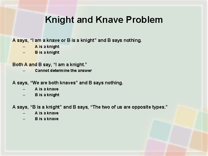 Knight and Knave Problem A says, “I am a knave or B is a