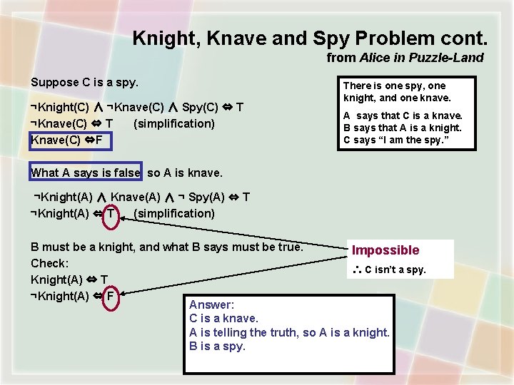 Knight, Knave and Spy Problem cont. from Alice in Puzzle-Land Suppose C is a