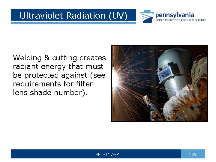 Ultraviolet Radiation (UV) Welding & cutting creates radiant energy that must be protected against