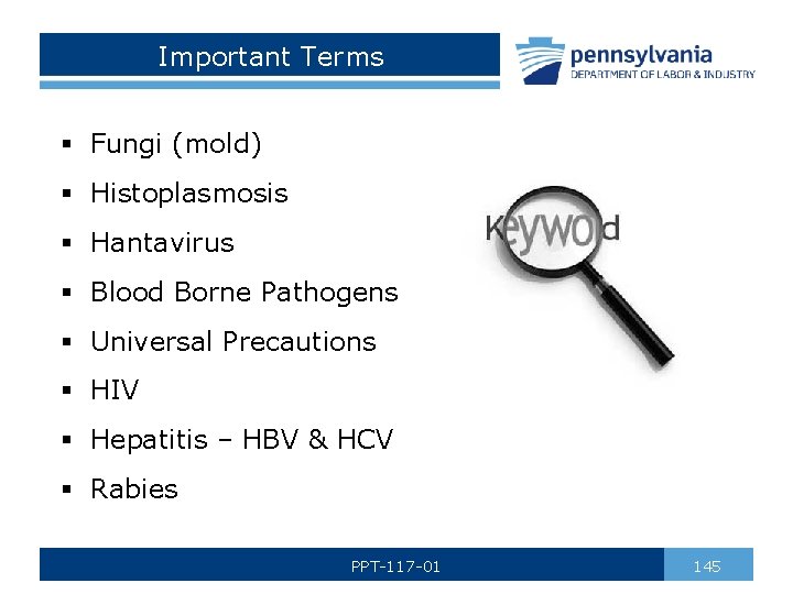 Important Terms § Fungi (mold) § Histoplasmosis § Hantavirus § Blood Borne Pathogens §