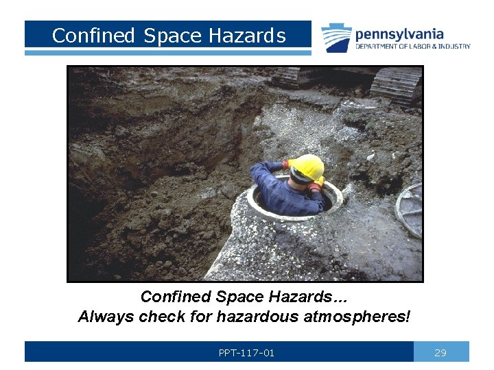 Confined Space Hazards… Always check for hazardous atmospheres! PPT-117 -01 29 