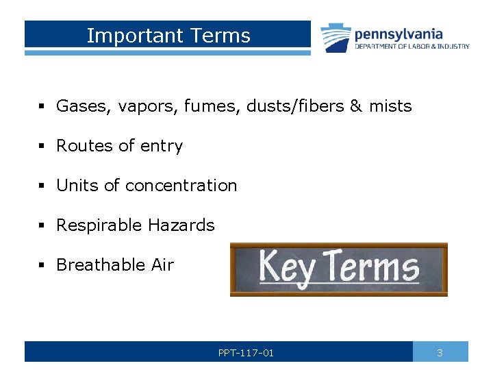 Important Terms § Gases, vapors, fumes, dusts/fibers & mists § Routes of entry §