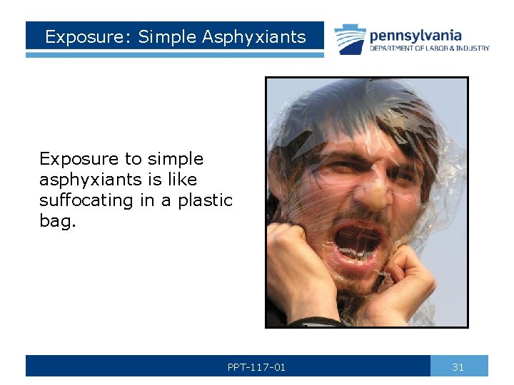 Exposure: Simple Asphyxiants Exposure to simple asphyxiants is like suffocating in a plastic bag.