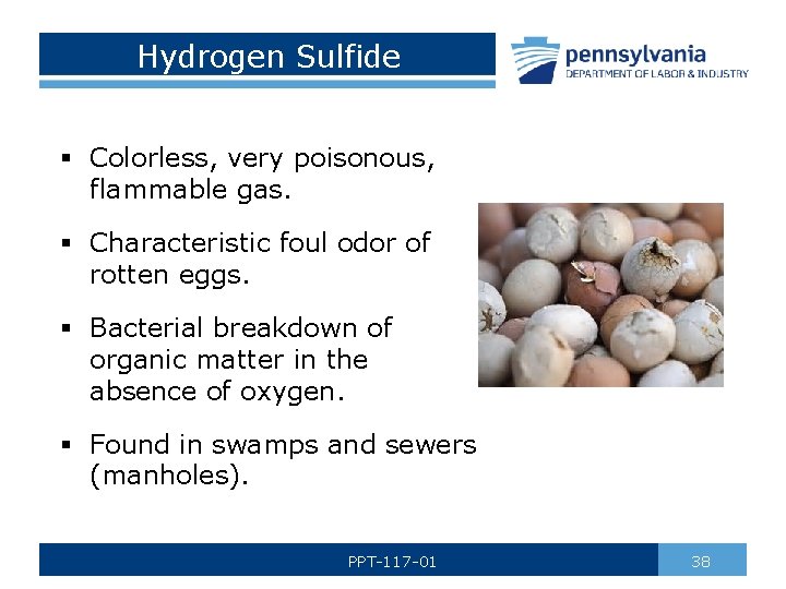 Hydrogen Sulfide § Colorless, very poisonous, flammable gas. § Characteristic foul odor of rotten