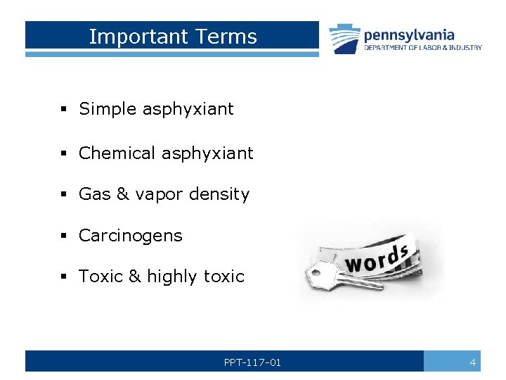 Important Terms § Simple asphyxiant § Chemical asphyxiant § Gas & vapor density §