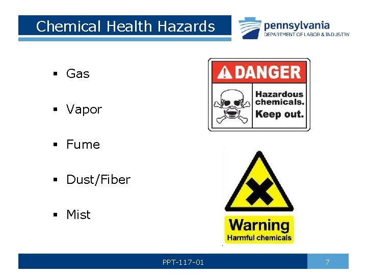 Chemical Health Hazards § Gas § Vapor § Fume § Dust/Fiber § Mist PPT-117