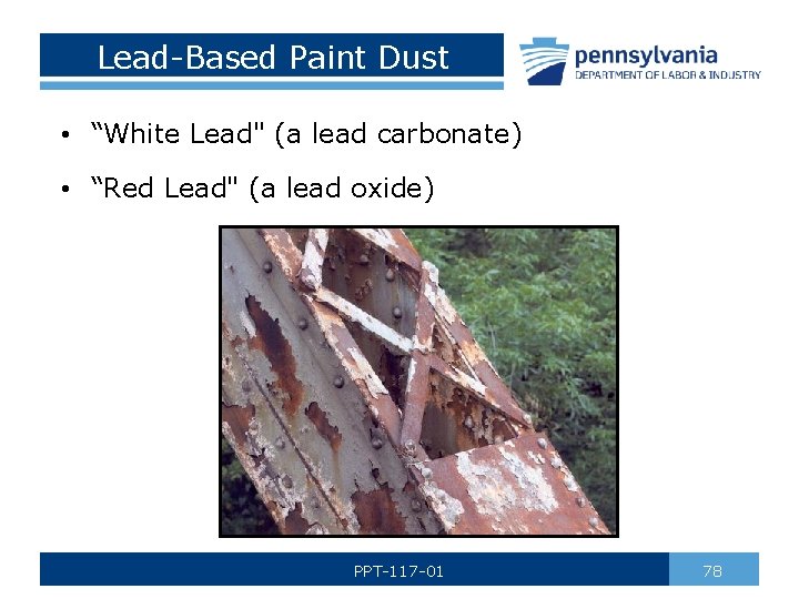 Lead-Based Paint Dust • “White Lead" (a lead carbonate) • “Red Lead" (a lead