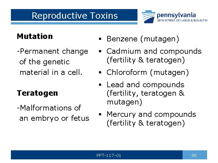 Reproductive Toxins Mutation § Benzene (mutagen) -Permanent change of the genetic material in a