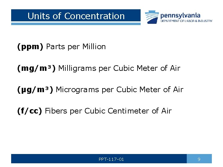 Units of Concentration (ppm) Parts per Million (mg/m³) Milligrams per Cubic Meter of Air