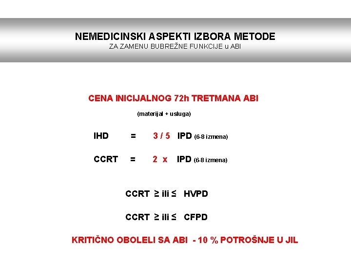 NEMEDICINSKI ASPEKTI IZBORA METODE ZA ZAMENU BUBREŽNE FUNKCIJE u ABI CENA INICIJALNOG 72 h