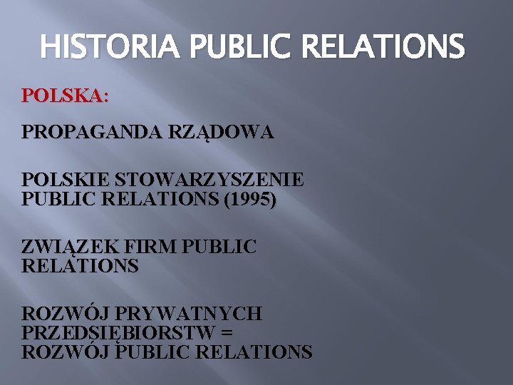 HISTORIA PUBLIC RELATIONS POLSKA: PROPAGANDA RZĄDOWA POLSKIE STOWARZYSZENIE PUBLIC RELATIONS (1995) ZWIĄZEK FIRM PUBLIC