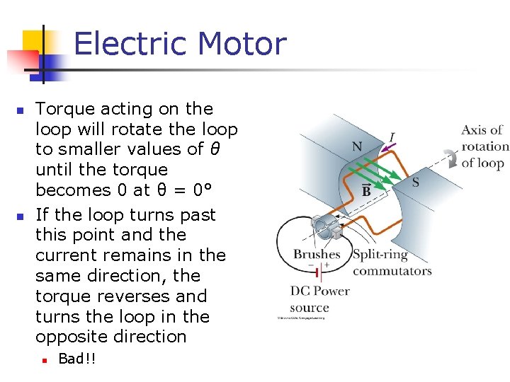 Electric Motor n n Torque acting on the loop will rotate the loop to