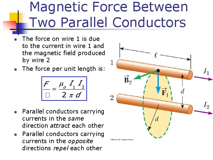 Magnetic Force Between Two Parallel Conductors n n The force on wire 1 is