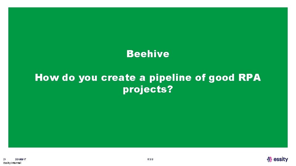 Beehive How do you create a pipeline of good RPA projects? 21 20190917 Essity