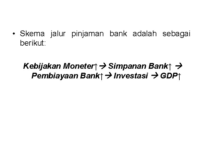  • Skema jalur pinjaman bank adalah sebagai berikut: Kebijakan Moneter↑ Simpanan Bank↑ Pembiayaan