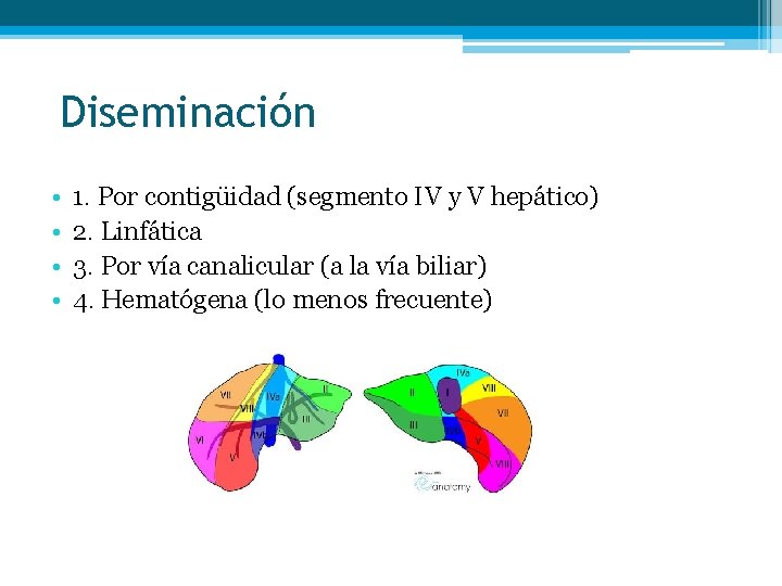 Diseminación • • 1. Por contigüidad (segmento IV y V hepático) 2. Linfática 3.