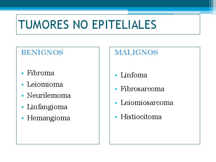 TUMORES NO EPITELIALES BENIGNOS MALIGNOS • Fibroma • Linfoma • Leiomioma • Neurilemoma •