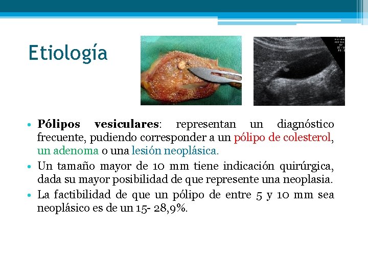 Etiología • Pólipos vesiculares: representan un diagnóstico frecuente, pudiendo corresponder a un pólipo de