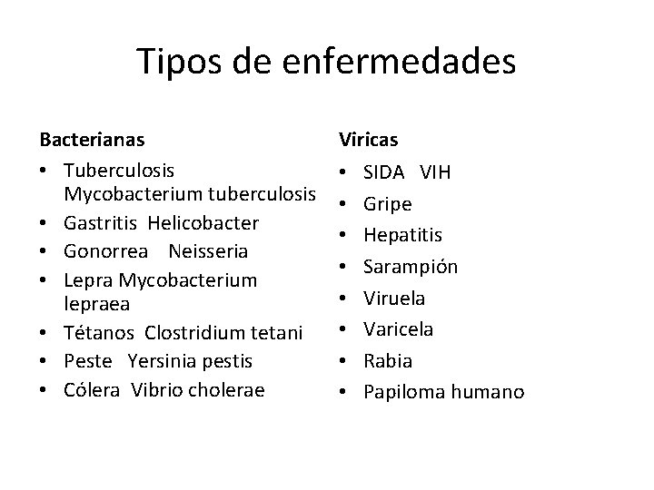 Tipos de enfermedades Bacterianas • Tuberculosis Mycobacterium tuberculosis • Gastritis Helicobacter • Gonorrea Neisseria