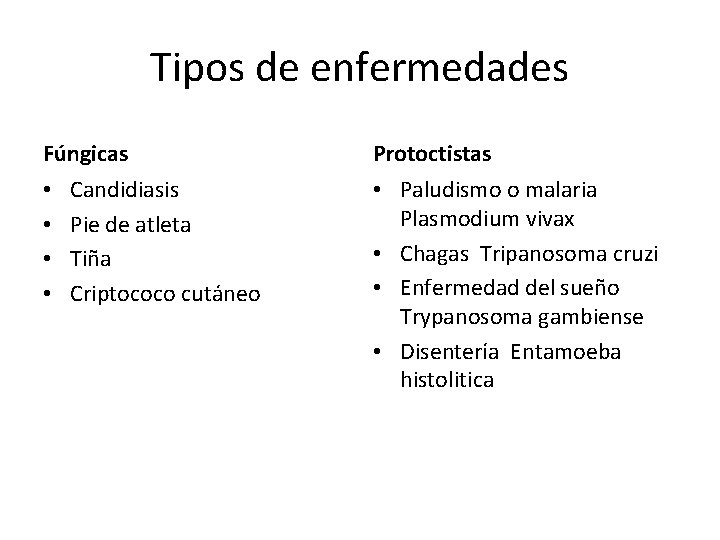 Tipos de enfermedades Fúngicas • • Candidiasis Pie de atleta Tiña Criptococo cutáneo Protoctistas