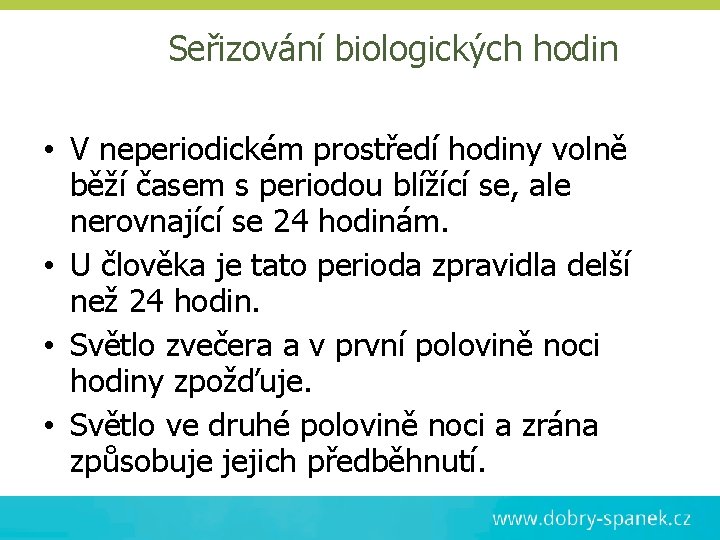 Seřizování biologických hodin • V neperiodickém prostředí hodiny volně běží časem s periodou blížící