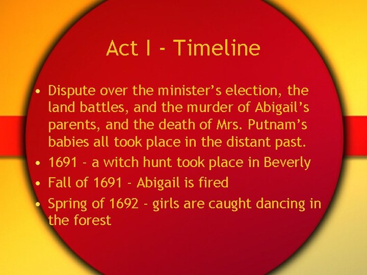 Act I - Timeline • Dispute over the minister’s election, the land battles, and