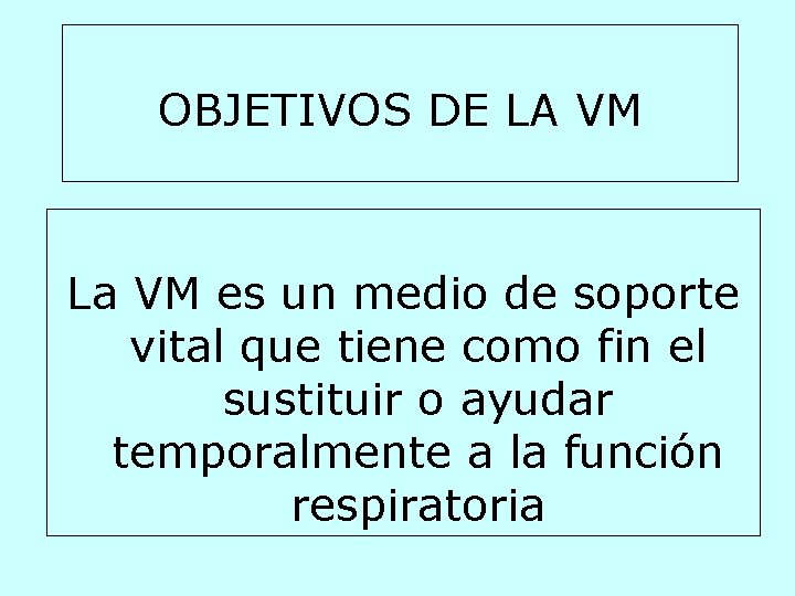 OBJETIVOS DE LA VM La VM es un medio de soporte vital que tiene