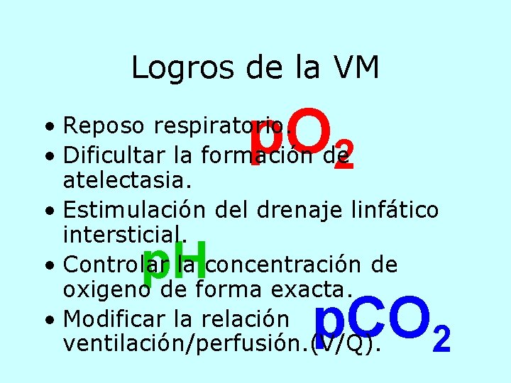 Logros de la VM p. O 2 • Reposo respiratorio. • Dificultar la formación