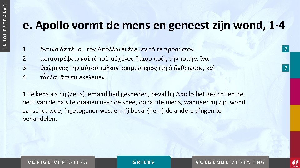 INHOUDSOPGAVE e. Apollo vormt de mens en geneest zijn wond, 1 -4 1 2