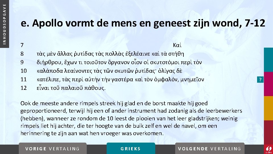 INHOUDSOPGAVE e. Apollo vormt de mens en geneest zijn wond, 7 -12 7 8