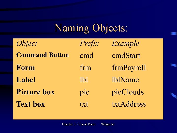 Naming Objects: Chapter 3 - Visual Basic Schneider Naming Objects: Chapter 3 - Visual Basic Schneider