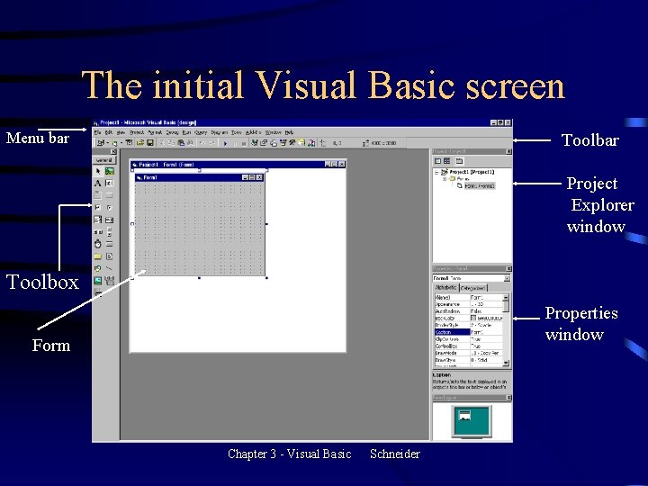 The initial Visual Basic screen Menu bar Toolbar Project Explorer window Toolbox Properties window The initial Visual Basic screen Menu bar Toolbar Project Explorer window Toolbox Properties window