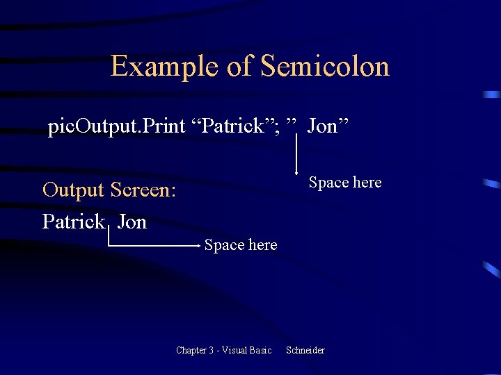 Example of Semicolon pic. Output. Print “Patrick”; ” Jon” Space here Output Screen: Patrick Example of Semicolon pic. Output. Print “Patrick”; ” Jon” Space here Output Screen: Patrick