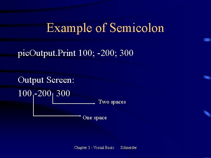 Example of Semicolon pic. Output. Print 100; -200; 300 Output Screen: 100 -200 300 Example of Semicolon pic. Output. Print 100; -200; 300 Output Screen: 100 -200 300