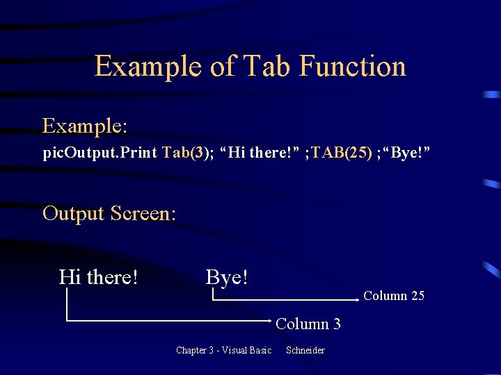 Example of Tab Function Example: pic. Output. Print Tab(3); “Hi there!” ; TAB(25) ; Example of Tab Function Example: pic. Output. Print Tab(3); “Hi there!” ; TAB(25) ;