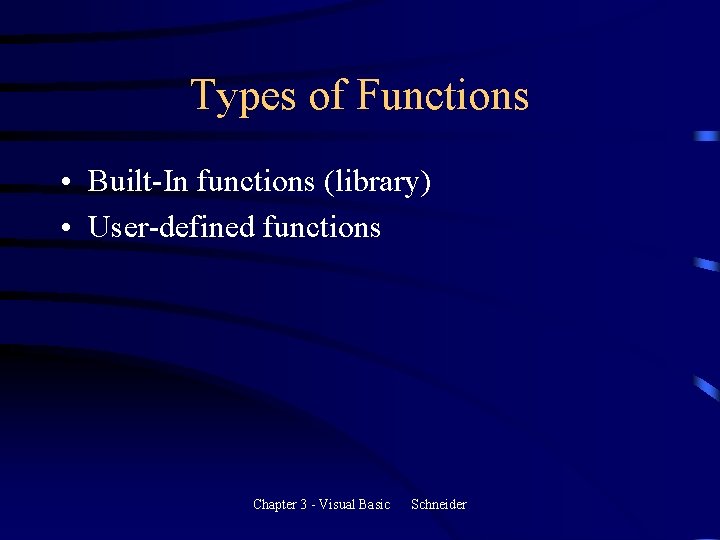 Types of Functions • Built-In functions (library) • User-defined functions Chapter 3 - Visual Types of Functions • Built-In functions (library) • User-defined functions Chapter 3 - Visual