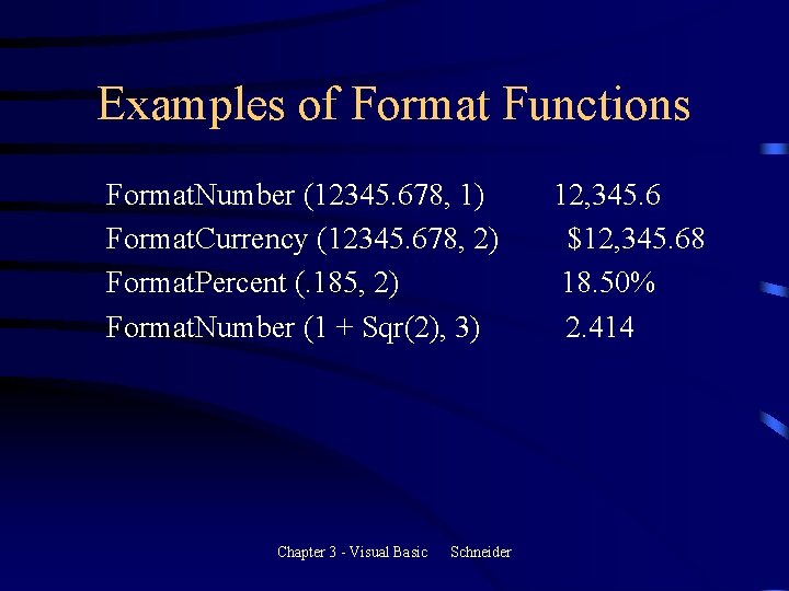 Examples of Format Functions Format. Number (12345. 678, 1) Format. Currency (12345. 678, 2) Examples of Format Functions Format. Number (12345. 678, 1) Format. Currency (12345. 678, 2)