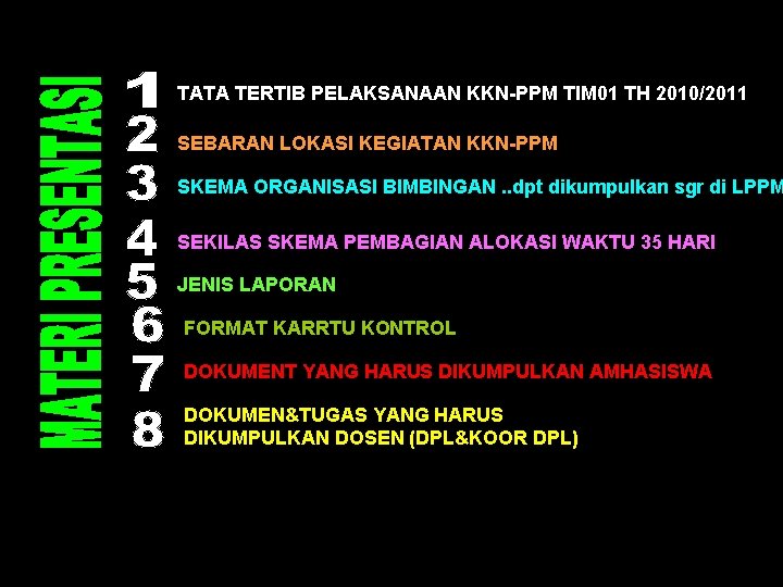 TATA TERTIB PELAKSANAAN KKN-PPM TIM 01 TH 2010/2011 SEBARAN LOKASI KEGIATAN KKN-PPM SKEMA ORGANISASI