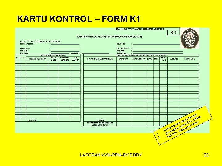 KARTU KONTROL – FORM K 1 1. 2. LAPORAN KKN-PPM-BY EDDY n ga an