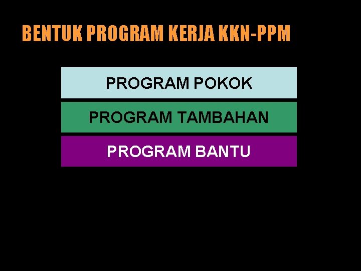 BENTUK PROGRAM KERJA KKN-PPM PROGRAM POKOK PROGRAM TAMBAHAN PROGRAM BANTU 