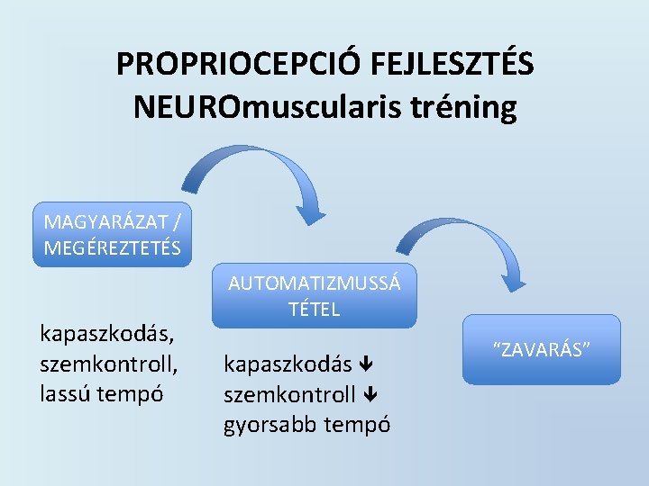 PROPRIOCEPCIÓ FEJLESZTÉS NEUROmuscularis tréning MAGYARÁZAT / MEGÉREZTETÉS kapaszkodás, szemkontroll, lassú tempó AUTOMATIZMUSSÁ TÉTEL kapaszkodás