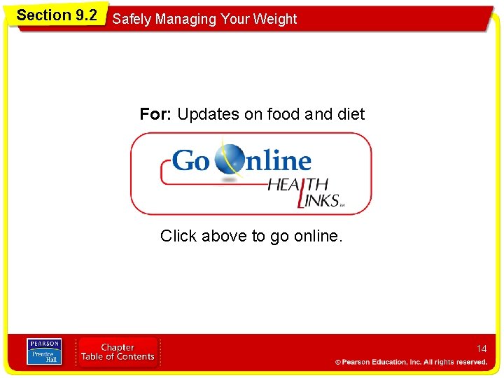 Section 9. 2 Safely Managing Your Weight For: Updates on food and diet Click