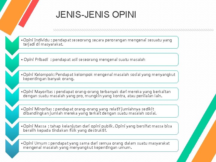 JENIS-JENIS OPINI • Opini Individu : pendapat seseorang secara perorangan mengenai sesuatu yang terjadi