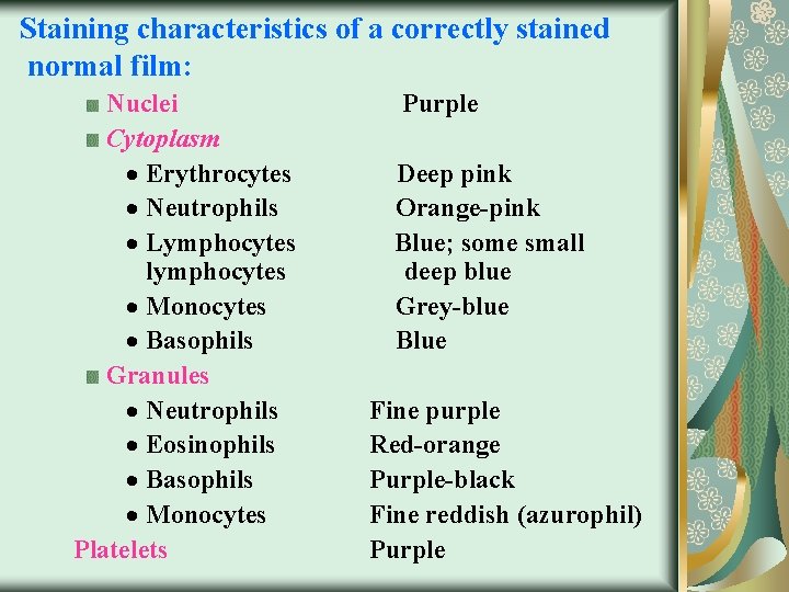 Staining characteristics of a correctly stained normal film: Nuclei Purple Cytoplasm Erythrocytes Deep pink